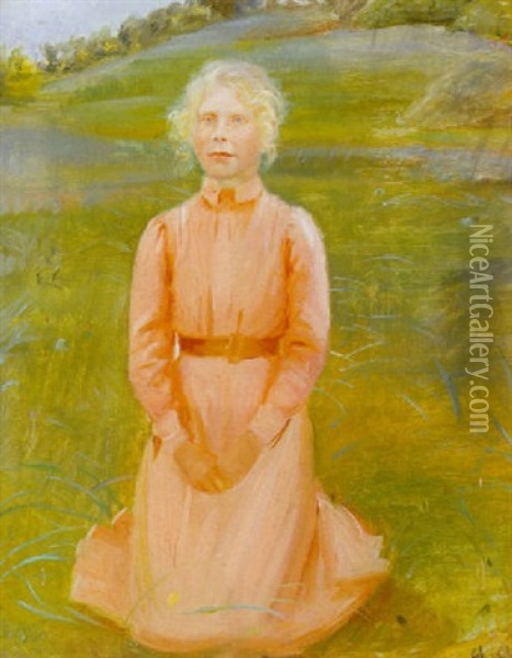 Ung Knaelende Pige I Lyserod Kjole Oil Painting - Anna Kirstine Ancher