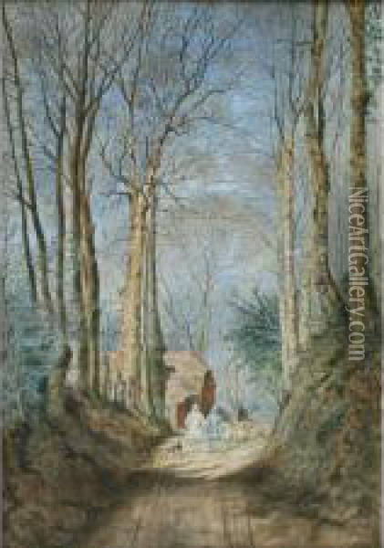 Figures Droving Sheep On A Sunlit Wooded Lane Oil Painting - J Charles Smith