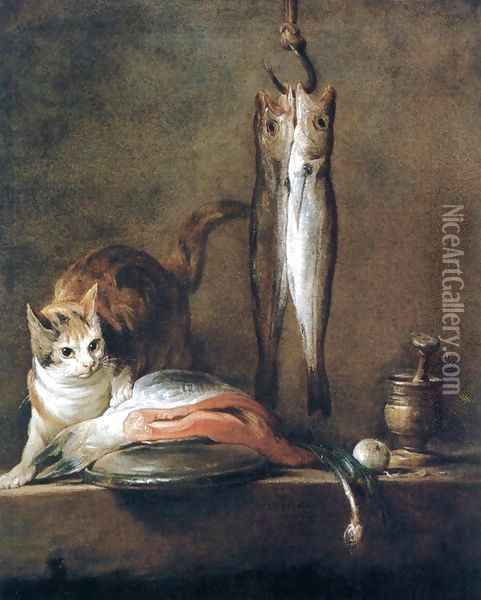 Still-Life with Cat and Fish Oil Painting - Jean-Baptiste-Simeon Chardin