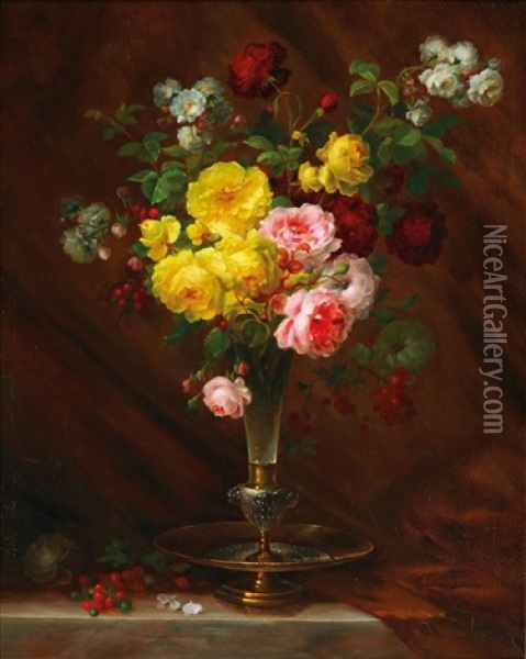 Large Flower Piece With Roses In A Vase Oil Painting - Andre Perrachon