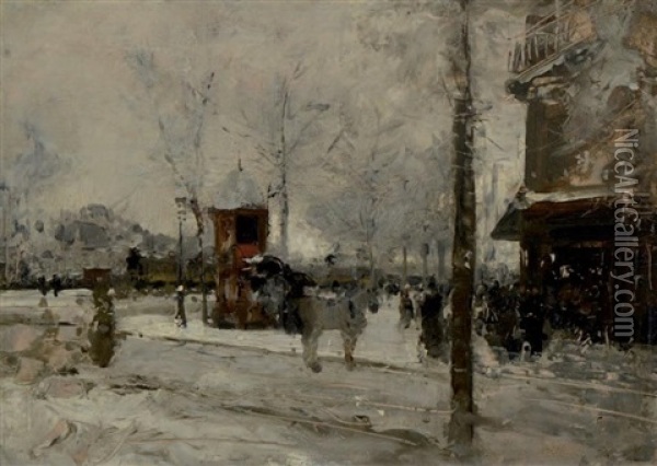 Paris Sous La Neige Oil Painting - Norbert Goeneutte