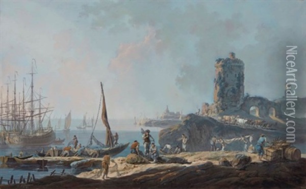 Pecheurs Amarrant Une Barque Dans Un Port Oil Painting - Jean Baptiste Pillement