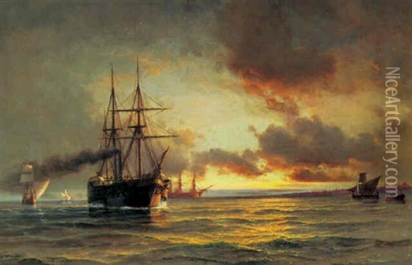 Skibe I Bosperusstraedet, I Baggrunden Istanbul Oil Painting - Daniel Hermann Anton Melbye