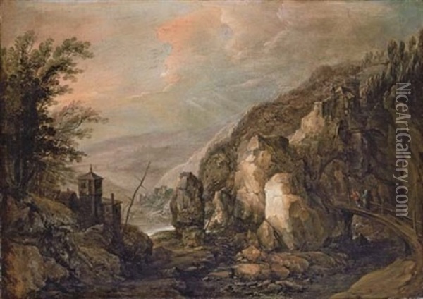 An Extensive Rocky Landscape With Peasants Crossing A Bridge, A Fortified Tower Beyond Oil Painting - Joos de Momper the Younger