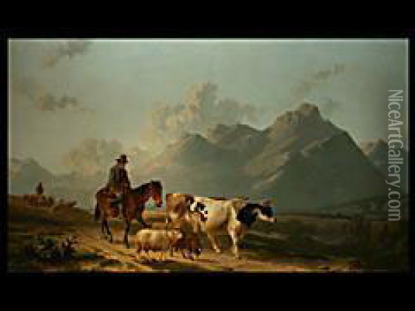 Bauer Mit Huhnerkorb Zu Pferd Mit Vieh Auf Dem Heimweg Oil Painting - Alfred Edouard De Bylandt