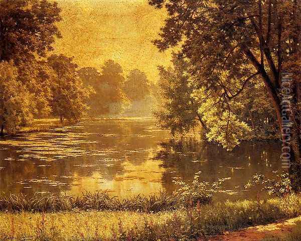 A Wooded River Landscape Oil Painting - Henri Biva