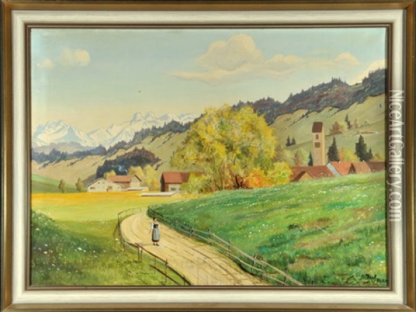 Bauerin Auf Weg Vor Dorf Im Oberallgau Mit Schneebedeckten Berggipfeln Im Hintergrund Oil Painting - Otto Keck