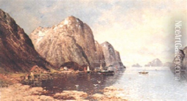 A Fjord Landscape With Boats Before A Fishing Village Oil Painting - Carl Olof Petersen
