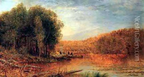 Schroon Lake, New York (five Figures In A Landscape) Oil Painting - Ralph Albert Blakelock