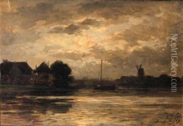 View Of The Spaarne, Haarlem, By Moonlight Oil Painting - Philippe Lodowyck Jacob Sadee