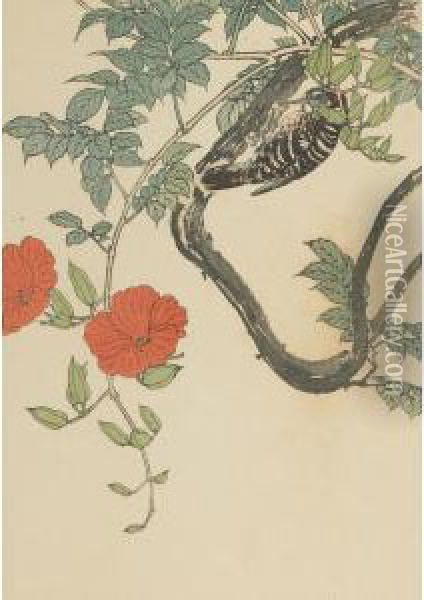 Woodpecker On Blossoming Vine Oil Painting - Imao Keinen