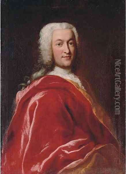 Portrait of a gentleman, half-length, in a red velvet mantle, wearing a wig Oil Painting - Georg Desmarees