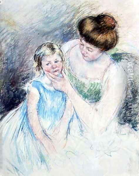 Mother with Left Hand Holding Sara's Chin Oil Painting - Mary Cassatt