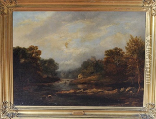 Ovingham - A View Along The Riverbank Towards The Village And Its Church Oil Painting - Thomas Miles Richardson the Elder