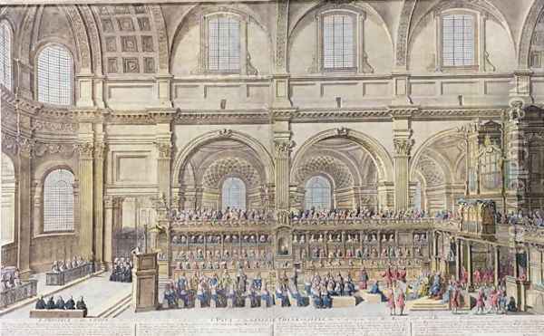 A Prospect of the Choir of the Cathedral Church of St. Paul, on the General Thanksgiving, the 31st of December 1706. Her Majesty and both Houses of Parliament present Oil Painting - Trevett, Robert