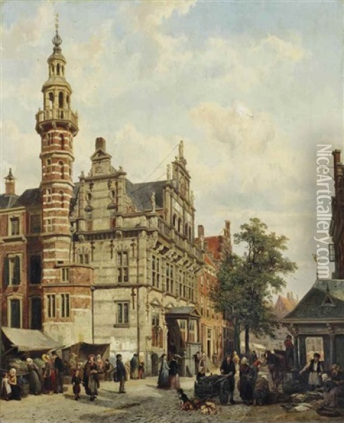 L'hotel De Ville De La Haye: A Market Day Near The City Hall, The Hague Oil Painting - Cornelis Springer