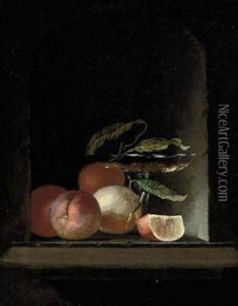 A Glass Roemer, Vine Leaves, And Oranges In A Stone Niche Oil Painting - Juriaen van Streeck