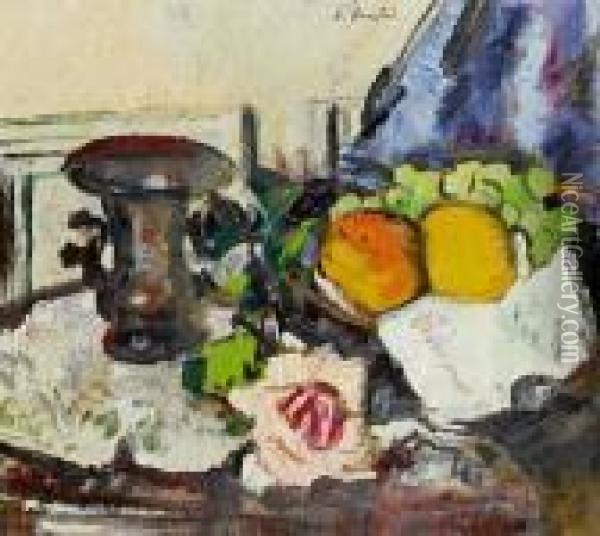 Still Life With Oranges And Grapes Oil Painting - George Leslie Hunter