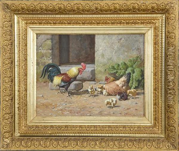 Rooster, Hen And Chicks Oil Painting - William Baptiste Baird
