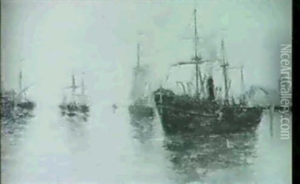 Boats In Harbour Oil Painting - Helene Feillet