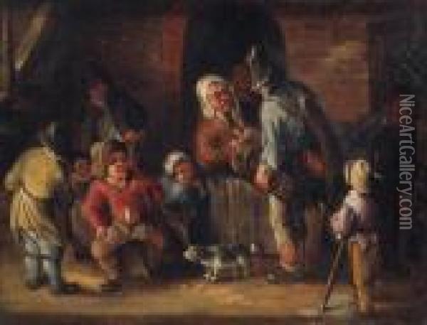 A Hurdy-gurdy Player Conversing With Peasants Outside Acottage Oil Painting - Jan Miense Molenaer