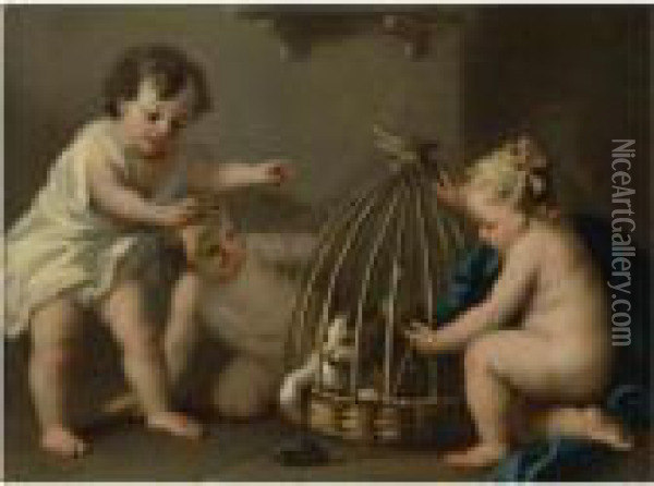 Putti Playing With A Cat Oil Painting - Jacopo (Giacomo) Amigoni