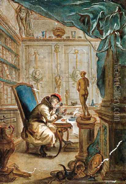 A Monkey studying at a desk in a library Oil Painting - French School