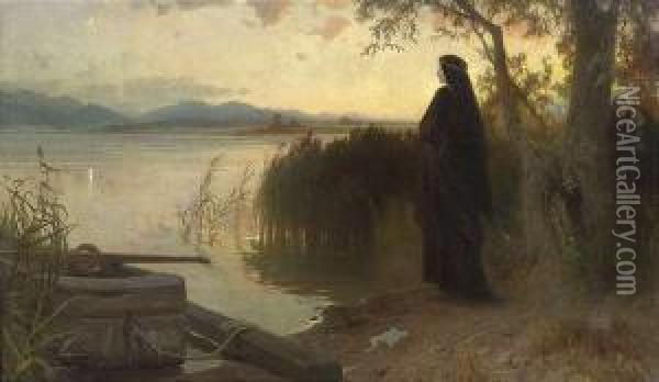 Abbess Irmengard Atthe Shore Of Lake Chiem At Evening Light. Oil Painting - Karl Raupp