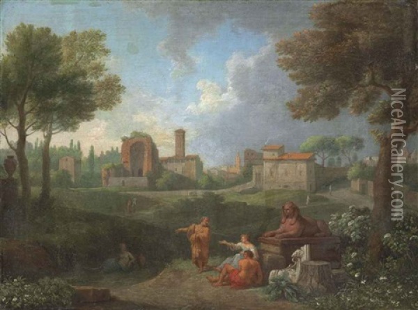 An Italianate Landscape With Figures Conversing By A Sphinx, A Town Beyond Oil Painting - Jan Frans van Bloemen