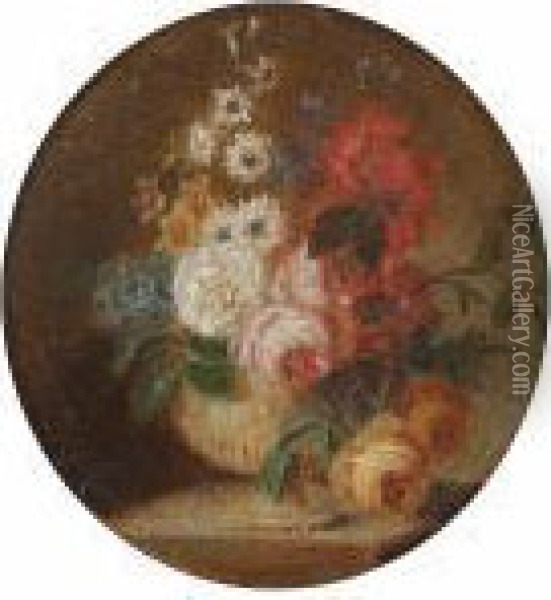 Roses, Poppies, Narcissi And Other Flowers In An Urn On A Plinth Oil Painting - Cornelis van Spaendonck