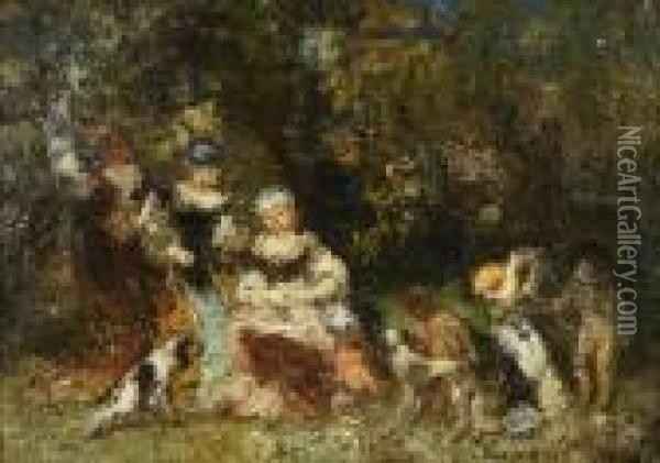 Femmes Et Enfants Dans Un Bois Oil Painting - Adolphe Joseph Th. Monticelli