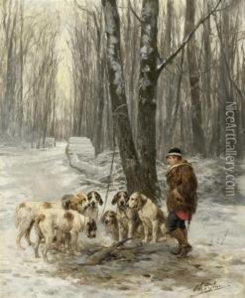 Winter Landscape With A Hunter Resting Together With His Dogs Oil Painting - Charles Olivier De Penne