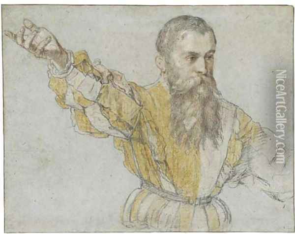 A bearded man, half-length, wearing a quartered doublet, gesturing to the left Oil Painting - Giuseppe Salviati