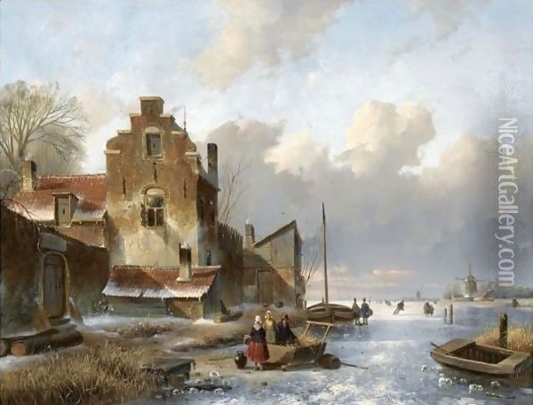 Figures On The Ice Unloading A Sledge Oil Painting - Charles Henri Leickert