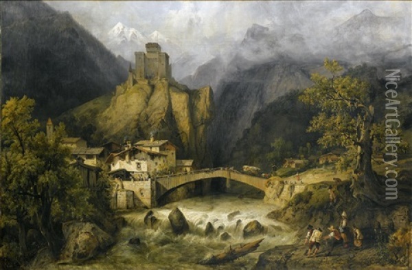 Capriccio Der Burganlage Landeck In Tirol Oil Painting - Frederic Bourgeois de, Baron Mercey