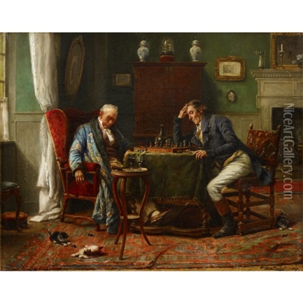 Chess Match Oil Painting - Gerard Jozef Portielje