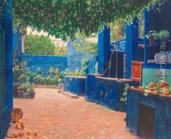 The Blue Courtyard, Arenys Oil Painting - Santiago Rusinol