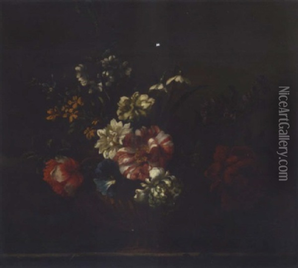 Still Life Of Chrysantehmums, Peonnies, Morning Glory And Narcissi, In A Gilt Urn, Upon A Stone Ledge Oil Painting - Jean-Baptiste Monnoyer