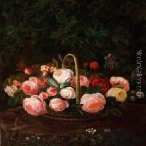 Pink Roses In A Basket Oil Painting - I.L. Jensen