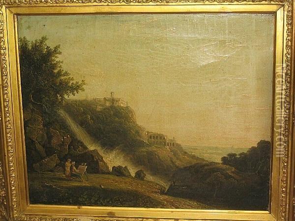 Italianate Landscape With Artist Seated Outdoors Before A Waterfall Oil Painting - Richard Wilson