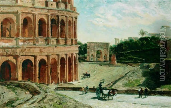 A View Of The Colosseum And The Forum Romanum, Rome Oil Painting - Veronika Maria Herwegen-Manini