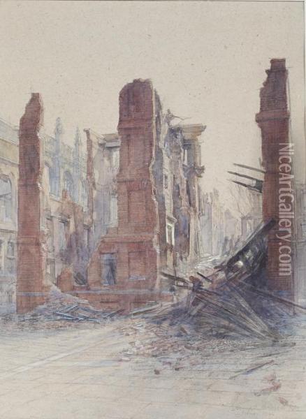 Bomb Damage, Tanfield Court Leading To Brick Court Oil Painting - Henry Charles Brewer