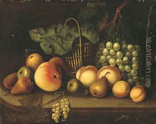 Grapes on the vine, pears, peaches, a wicker basket and other fruit on a ledge Oil Painting - Tobias Stranover