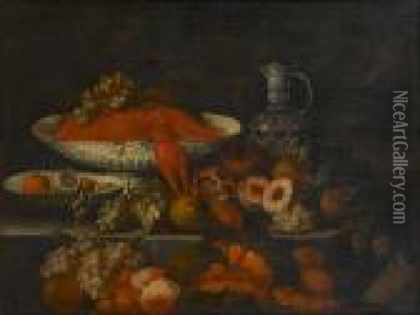 Lobster And Grapes In A Porcelain Dish, With Peaches, Grapes, Pomegranates And Plums On A Stone Ledge Oil Painting - Johann Seitz