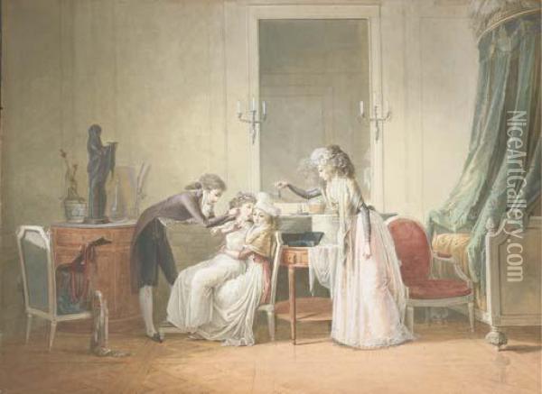 A Young Man Piercing The Ear Of A
 Young Girl Seated On The Knees Ofa Woman, Another Bringing An Earring Oil Painting - Jean-Baptiste Mallet