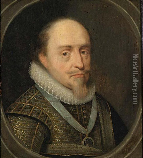 After Michiel Jansz. Van 
Mierevelt, Portrait Of Maurits , Prince Of Orange, Bust Length, In A 
Painted Oval Oil Painting - Michiel Jansz. Van Miereveldt