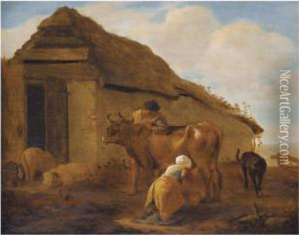 A Landscape With A Milkmaid, A Cow And Livestock Oil Painting - Pieter Boddingh Van Laer