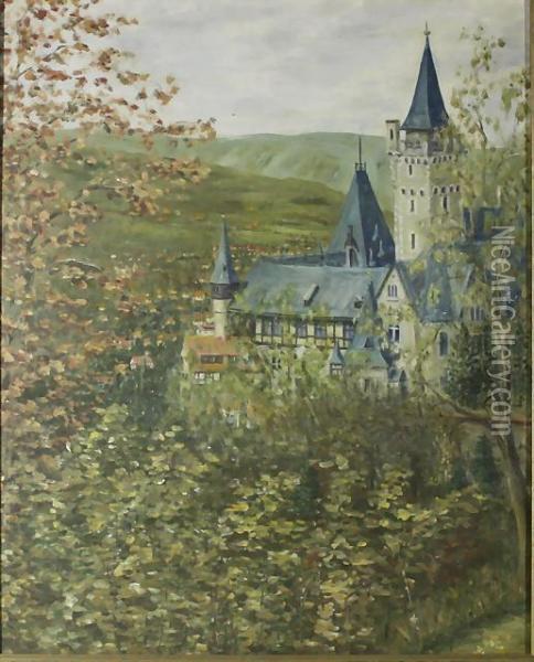 Schloss Wernigerode Vom Agnesberg Oil Painting - Adolf Hildenbrand