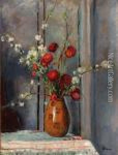 Vase De Fleurs, Coquelicots Et Pommes Oil Painting - Henri Lebasque