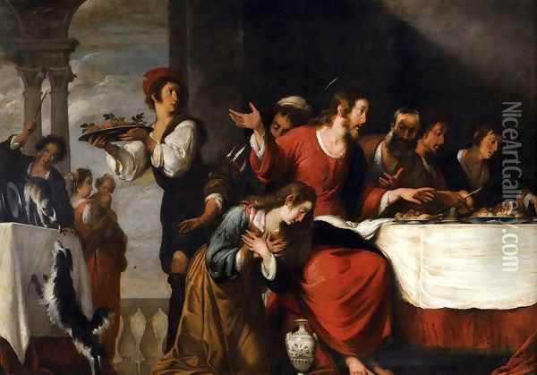 Banquet at the House of Simon (detail) Oil Painting - Bernardo Strozzi